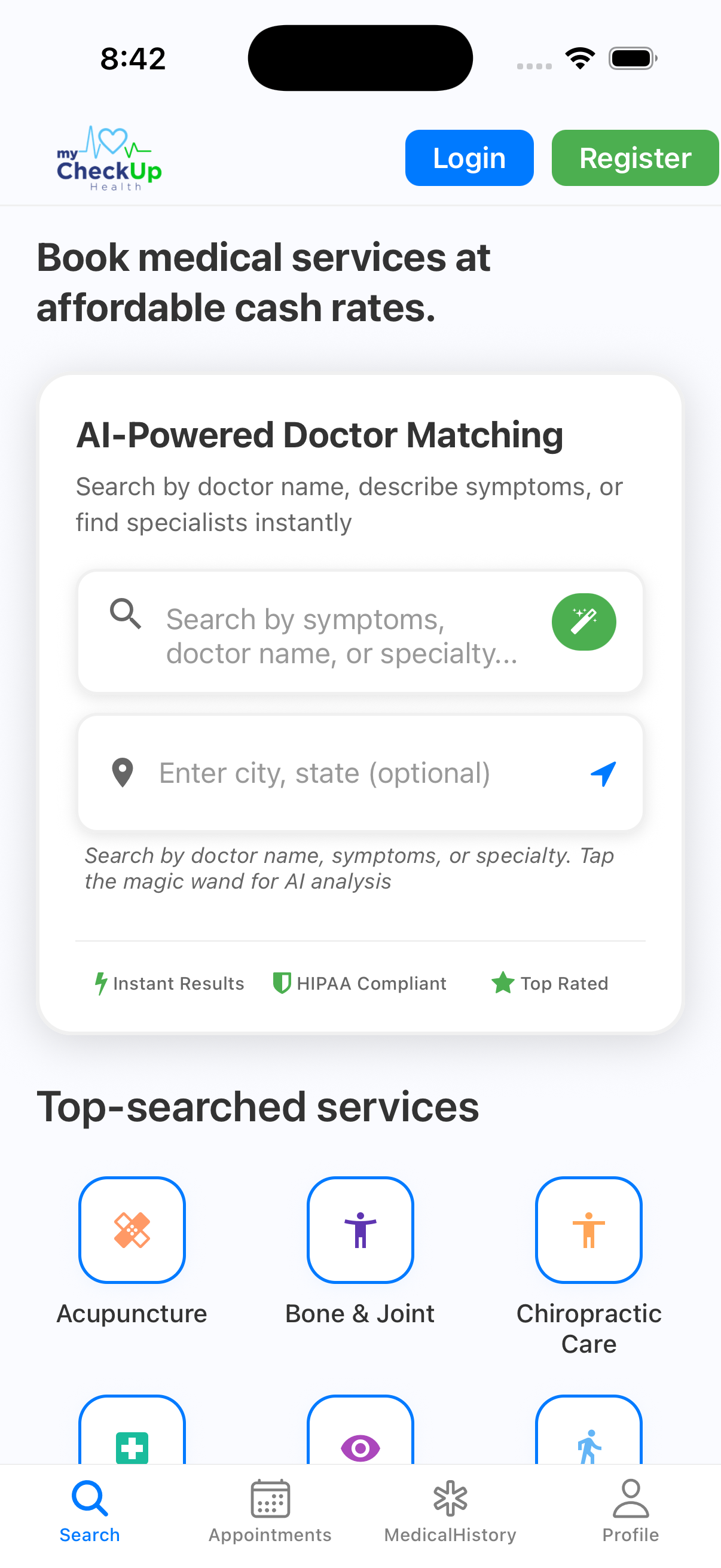 My CheckUp Health app showing AI-powered doctor matching and service search